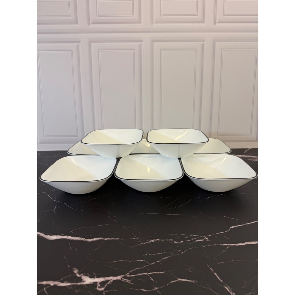 Corelle Simple Lines 22oz Square Cereal Bowls White Black Rim Set of 8 Vitrelle